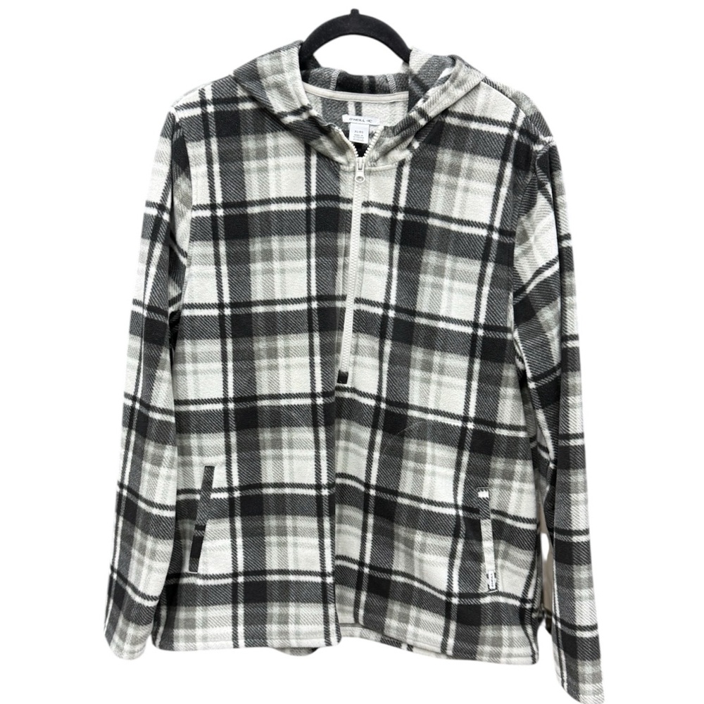 O'Neill Black & White Plaid Fleece Zip-Up Hoodie XL